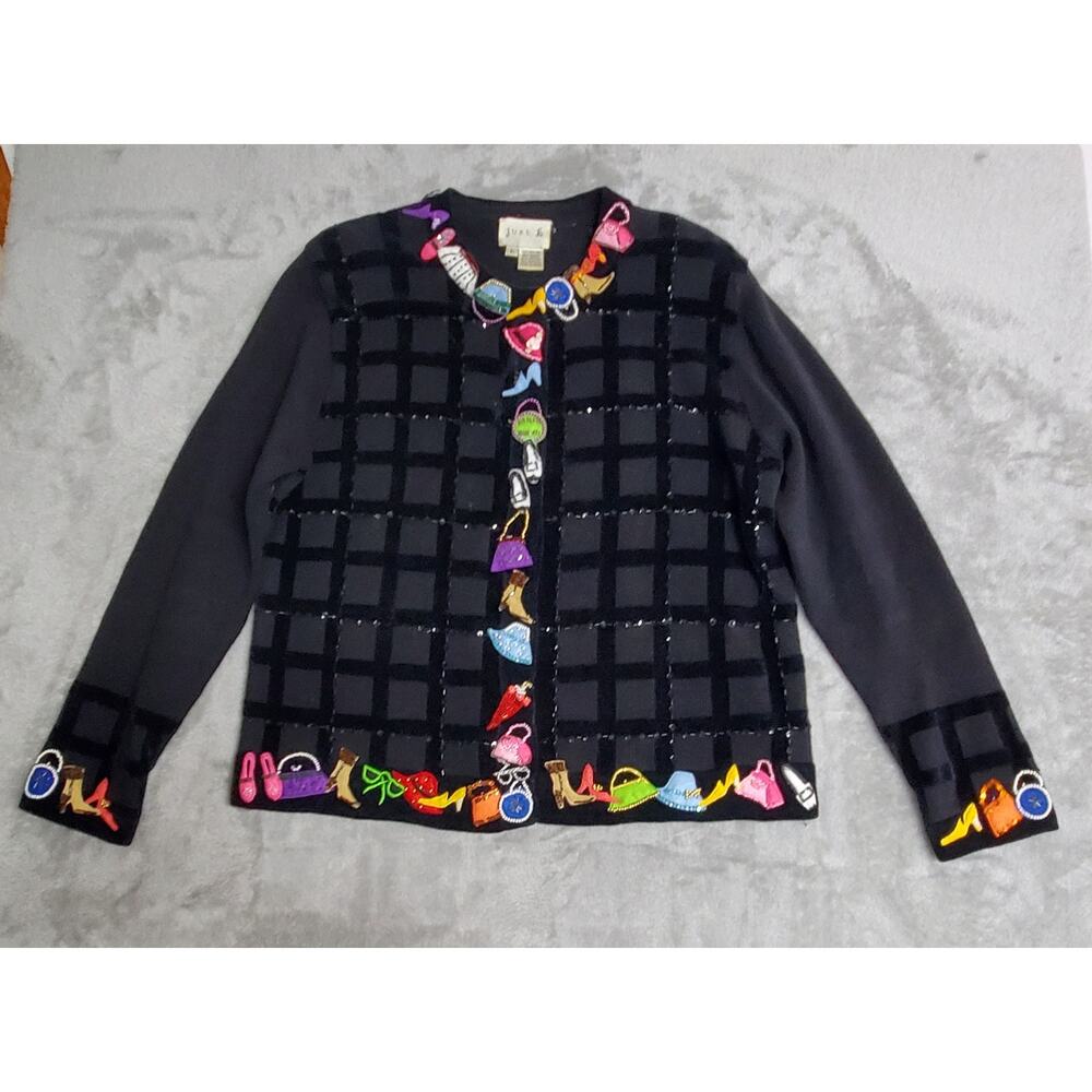 Vintage Just B Fashion Cardigan Sweater L Black Beaded Embellished Novelty - Picture 16 of 16